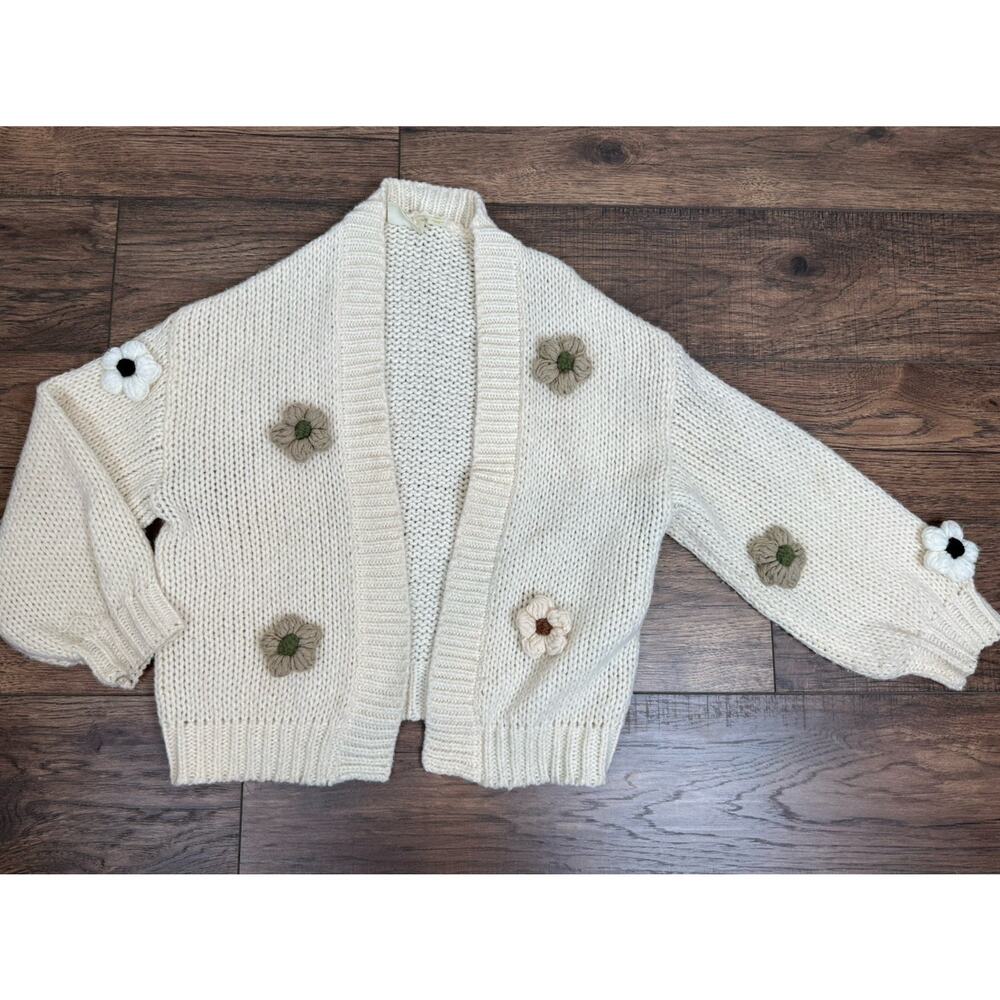Maeve Anthropologie Susannah 3D Flower Cardigan Sweater One Size Cream Chunky
